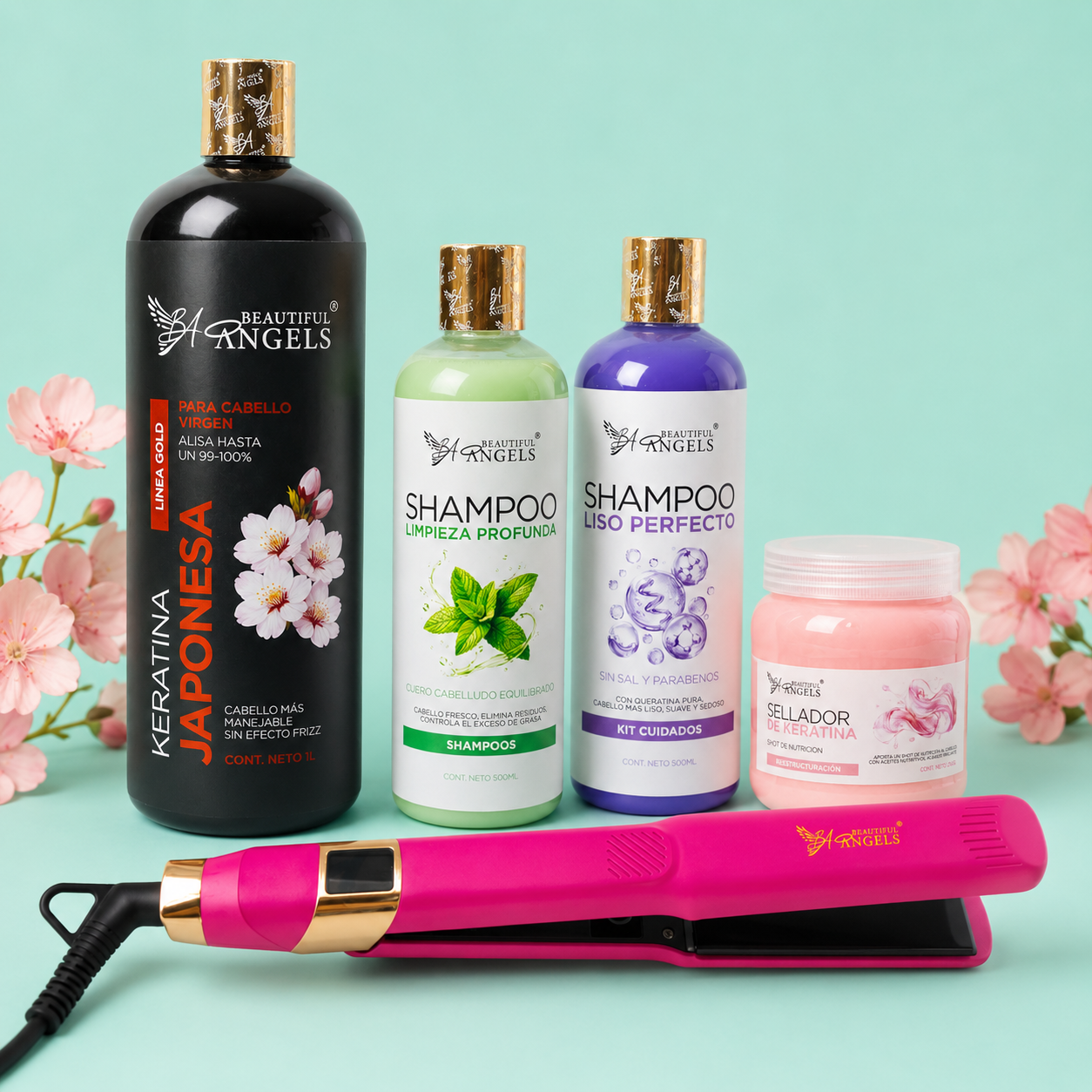 Kit Keratina Japonesa Gold 1L + Shampoo Limpieza 500ml + Shampoo Liso 500ml + Sellador de Keratina 250ml + Plancha Beautiful Angels
