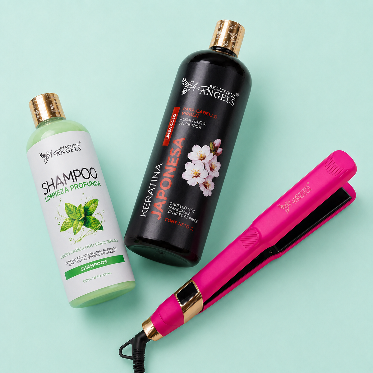 Kit Keratina Japonesa Gold 1L + Shampoo Limpieza Profunda 500ml + Plancha Beautiful Angels