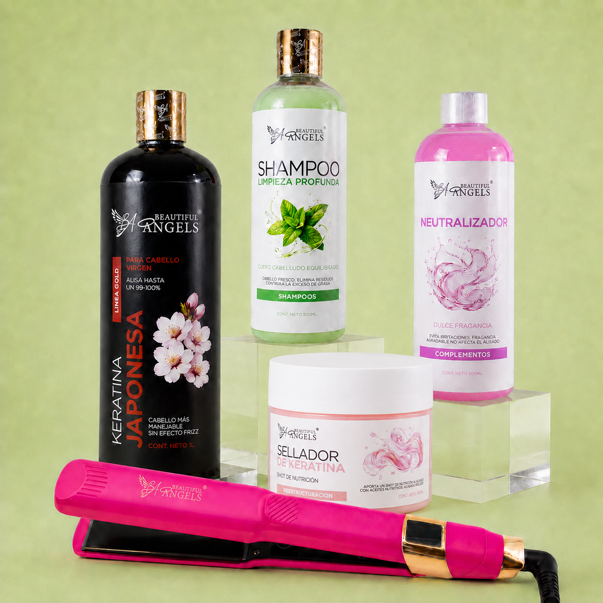 Kit Keratina Japonesa Gold 1L + Shampoo Limpieza Profunda 500ML + Neutralizador 500ML + Sellador de Keratina 250ML + Plancha Profesional Beautiful Angels