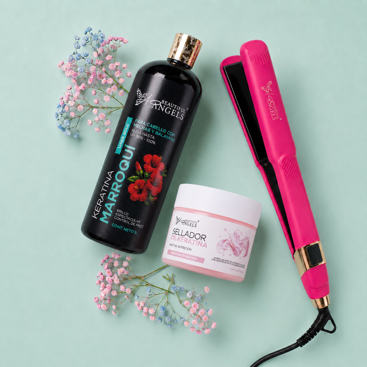 Kit Keratina Marroquí Gold  1L+ Sellador de Keratina 250ml+ Plancha Profesional Beautiful Angels