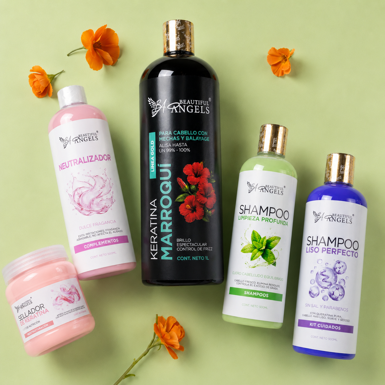 Kit Keratina Marroquí Gold 1L + Shampoo Limpieza Profunda 500ML + Shampoo Liso Perfecto 500ML + Neutralizador 500ML + Sellador de Keratina 250ML
