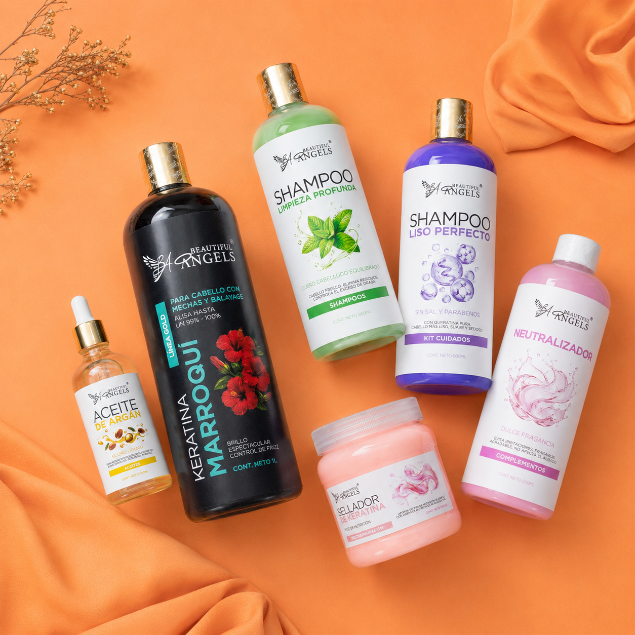 Kit Keratina Marroquí Gold 1L + Shampoo Limpieza Profunda 500ML + Shampoo Liso Perfecto 500ML + Neutralizador 500ML + Sellador de Keratina 250ML + Aceite de Argán 100ML