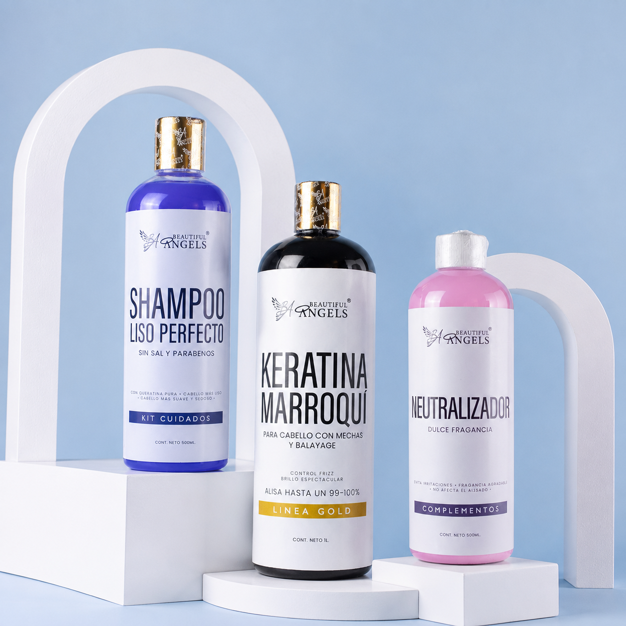 Kit Keratina Marroquí Gold + Shampoo Liso Perfecto + Neutralizador: Liso brillante, frizz controlado y color con apariencia radiante.