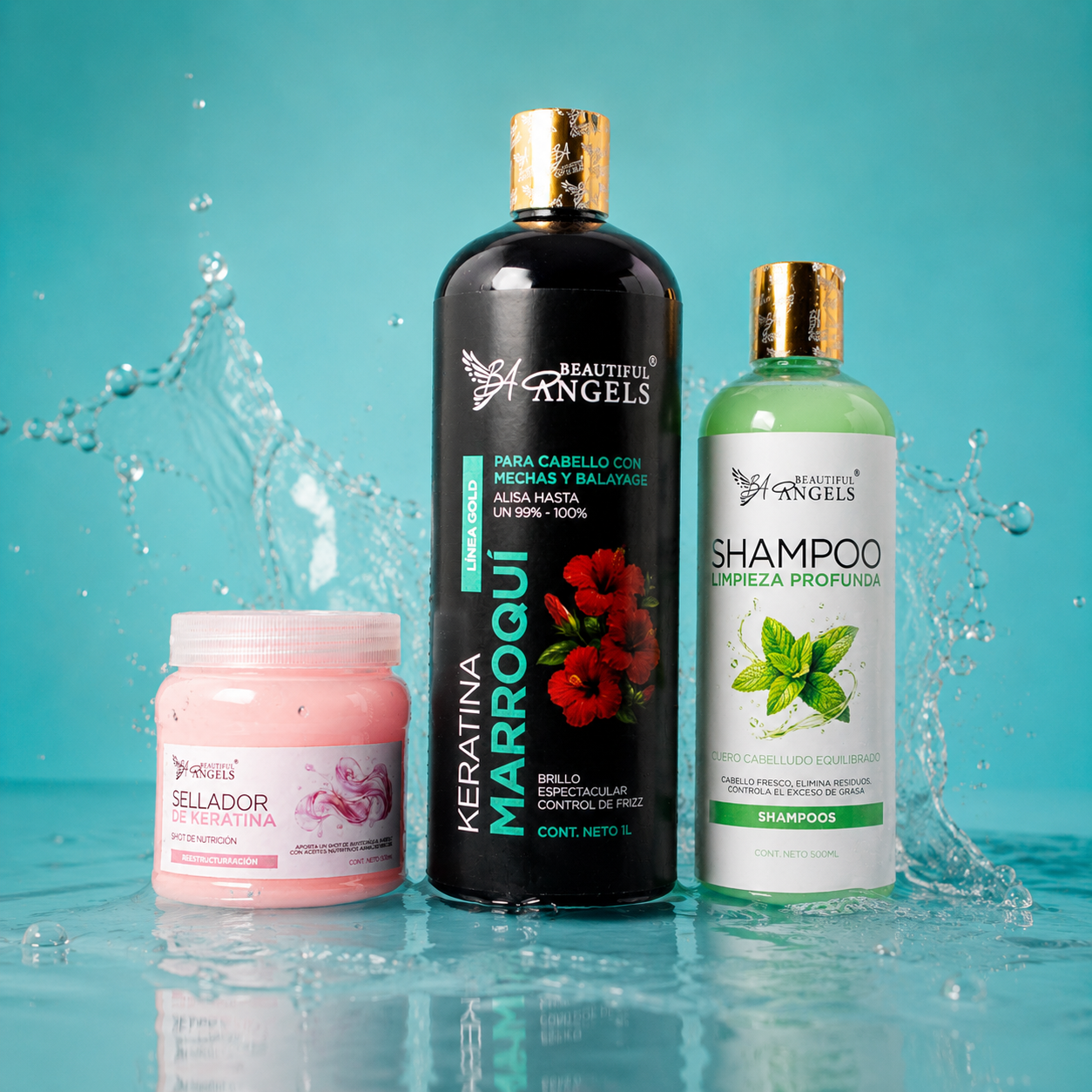 kit keratina marroqui Gold 1L + shampoo limpieza profunda 500ml + sellador 250ml