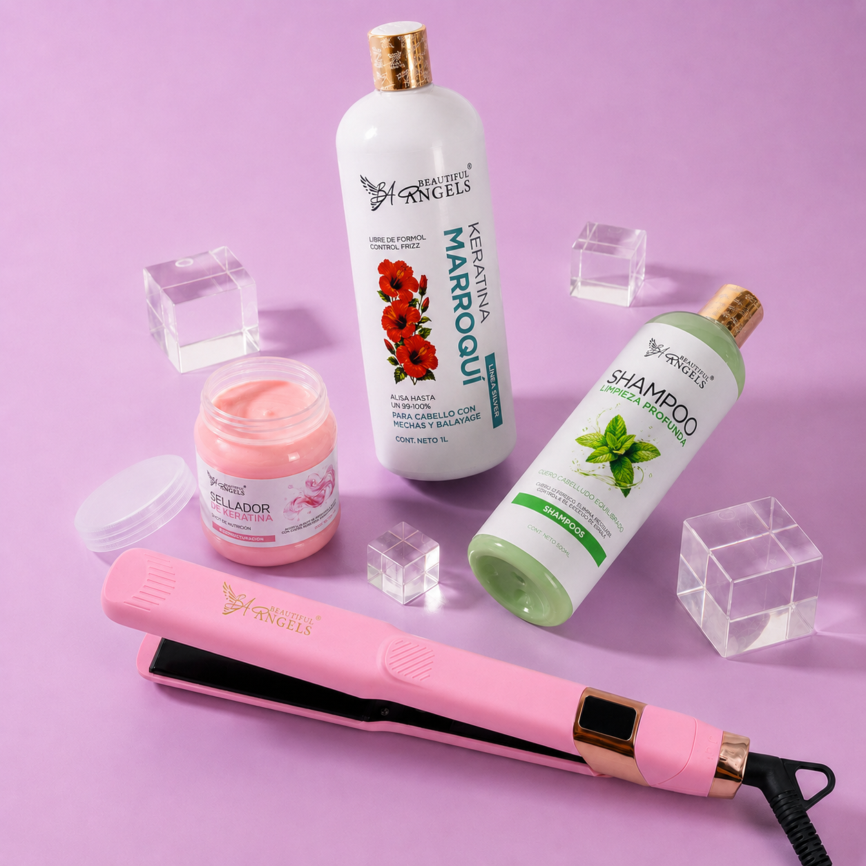 Kit Keratina Marroquí Silver 1L + Shampoo Limpieza Profunda 500ml + Sellador de Keratina 250ml + Plancha Beautiful Angels