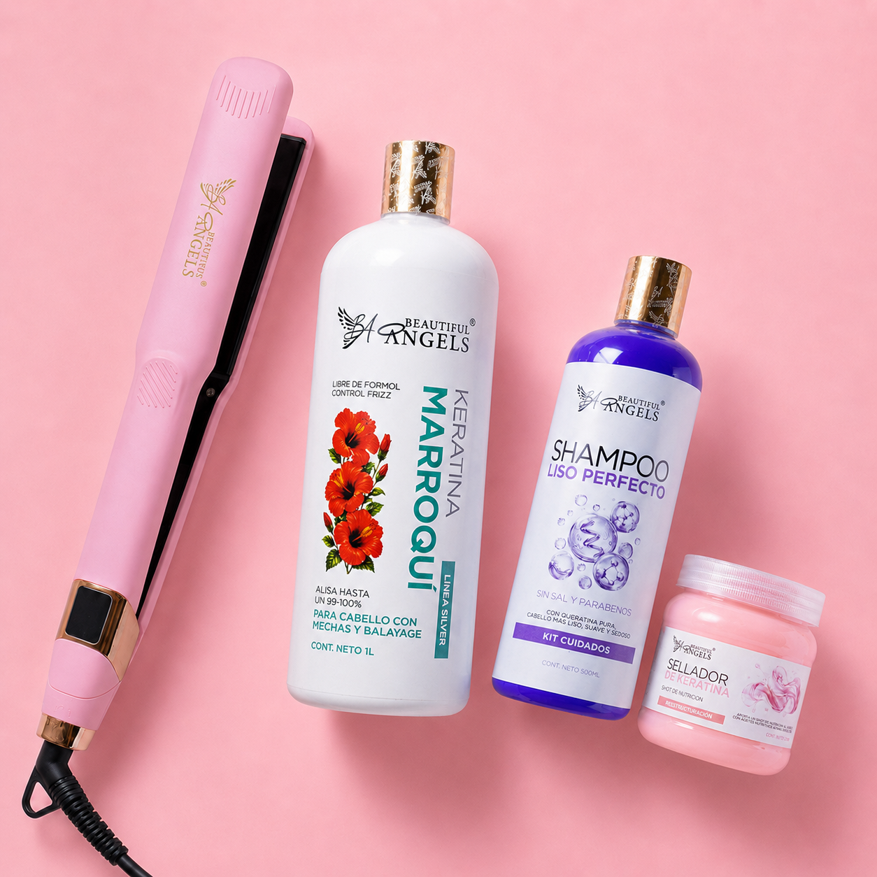 Kit Keratina Marroquí Silver 1L + Shampoo Liso Perfecto 500ml + Sellador de Keratina 250ml + Plancha Beautiful Angels