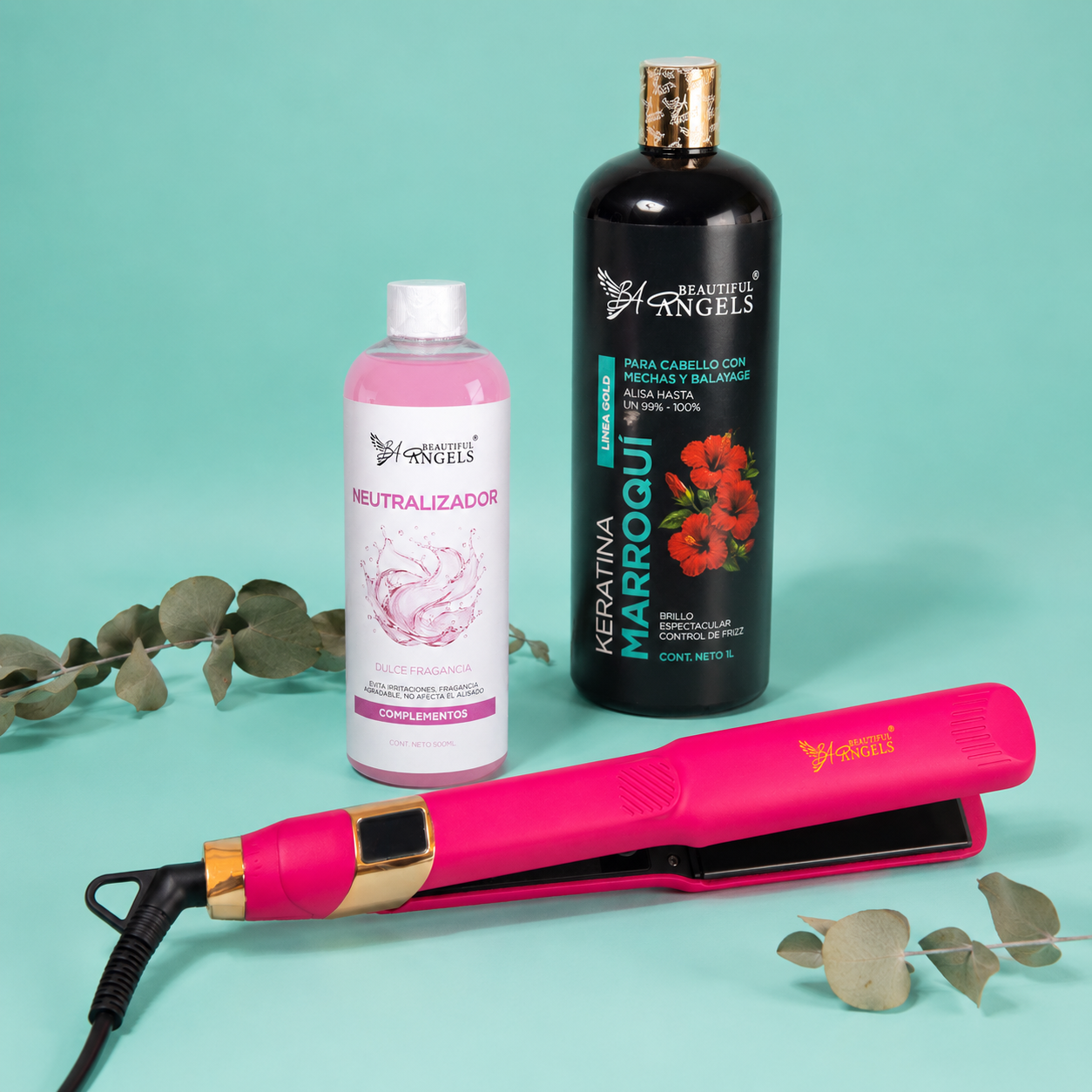 Kit Keratina Marroquí Gold 1L + Neutralizador 500ml + Plancha Beautiful Angels