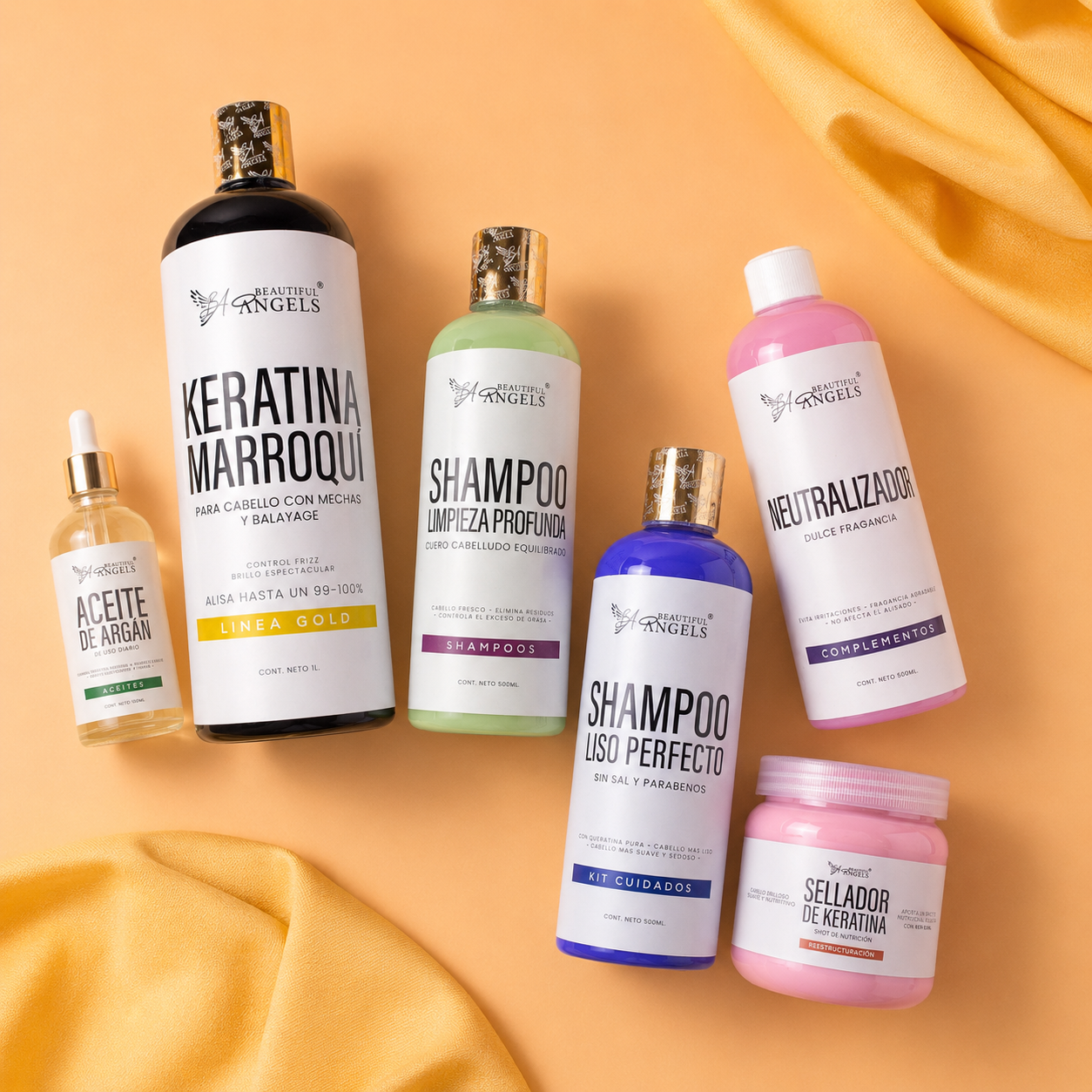 Kit Keratina Marroquí Gold + Shampoo Limpieza Profunda + Shampoo Liso Perfecto + Neutralizador + Sellador de Keratina + Aceite de Argán
