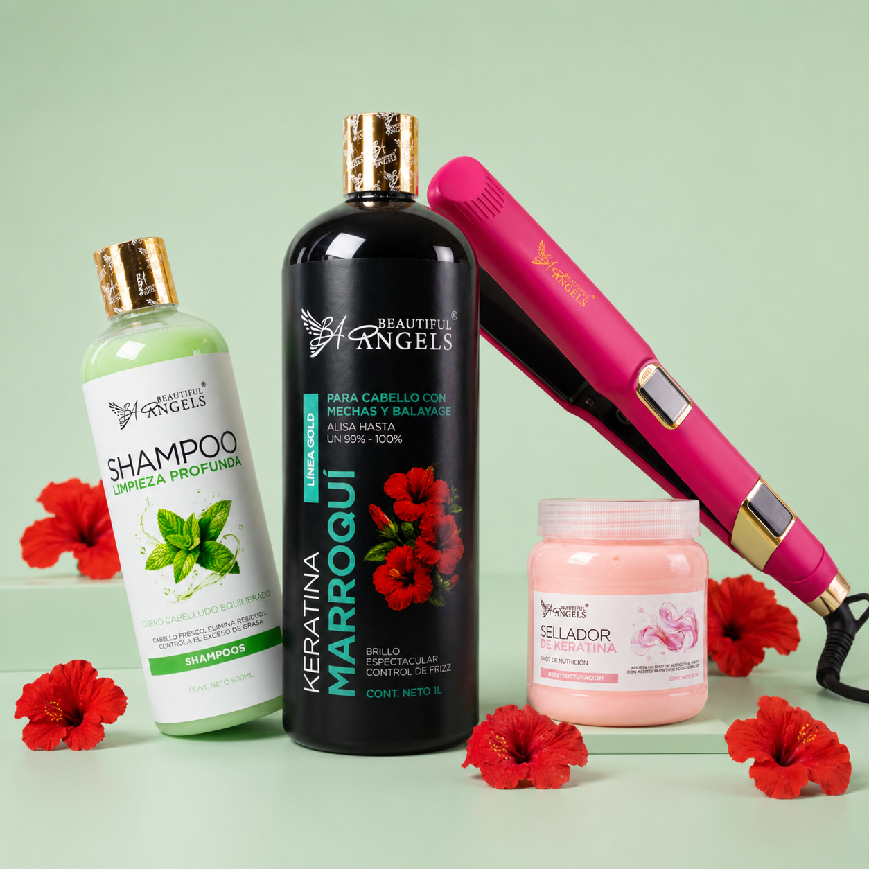 Kit Keratina Marroquí Gold 1L + Shampoo Limpieza 500ml + Sellador de Keratina 250ml + Plancha Beautiful Angels