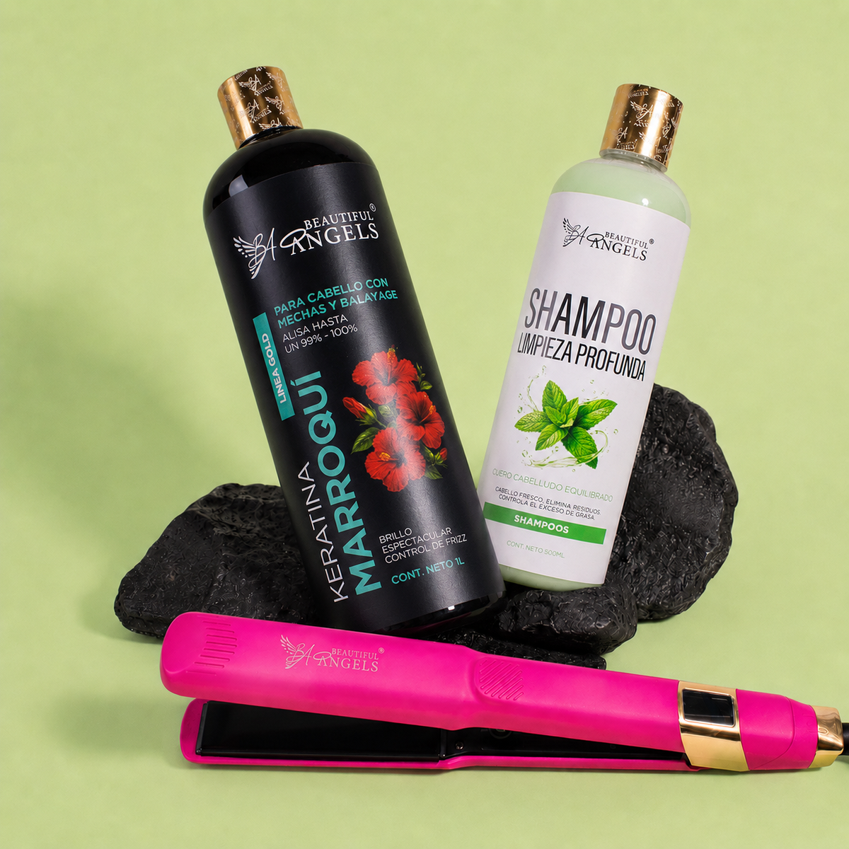 Kit Keratina Marroquí Gold 1L + Shampoo Limpieza Profunda 500ml + Plancha Beautiful Angels