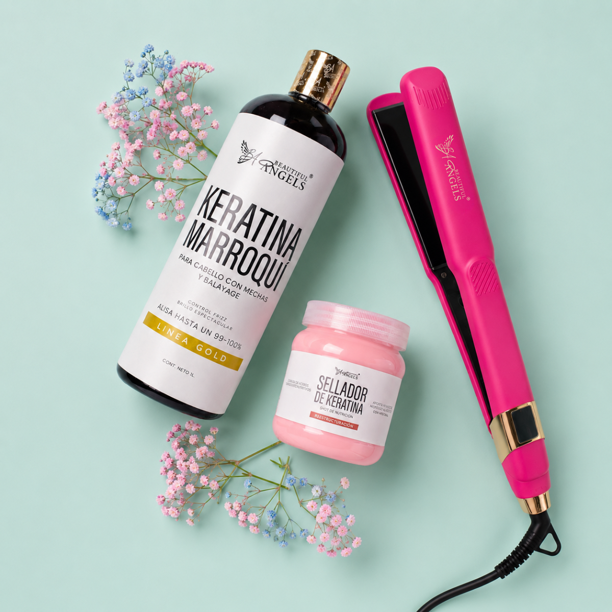 Kit Profesional de Alisado Keratina Marroquí Gold + Sellador de Keratina + Plancha Profesional de Nanotitanio
