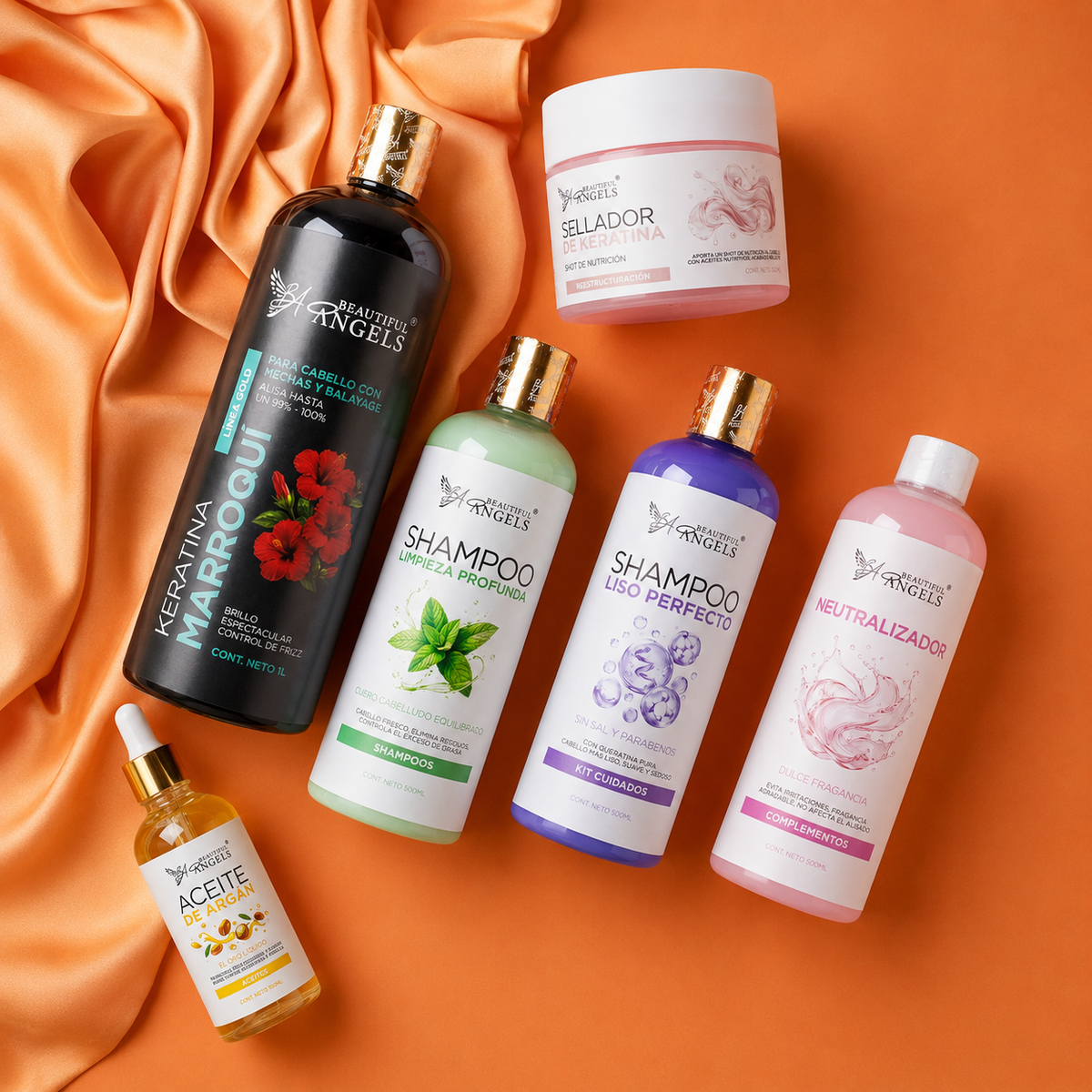 Kit Keratina Marroquí Gold 1L + Shampoo Limpieza Profunda 500ML + Shampoo Liso Perfecto 500ML + Neutralizador 500ML + Sellador de Keratina 250ML + Aceite de Argán 100ML