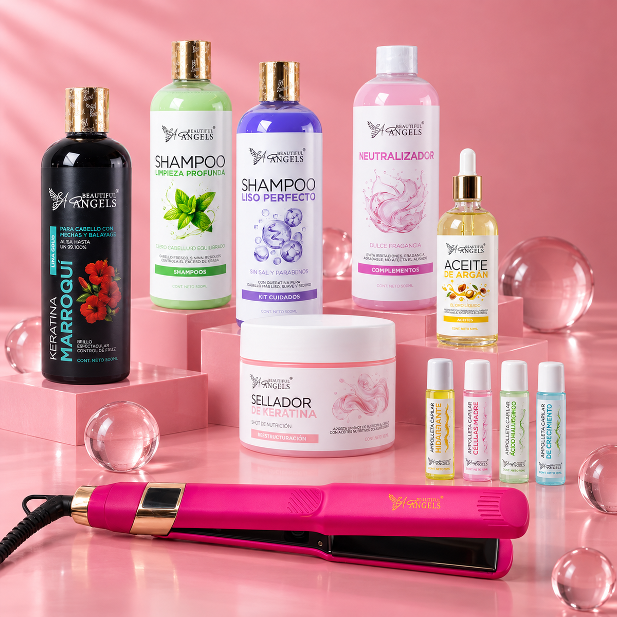 Kit Profesional Keratina Marroquí Gold 500ml Beautiful Angels — Liso Natural y con Movimiento, Ideal para Mechas y Balayage