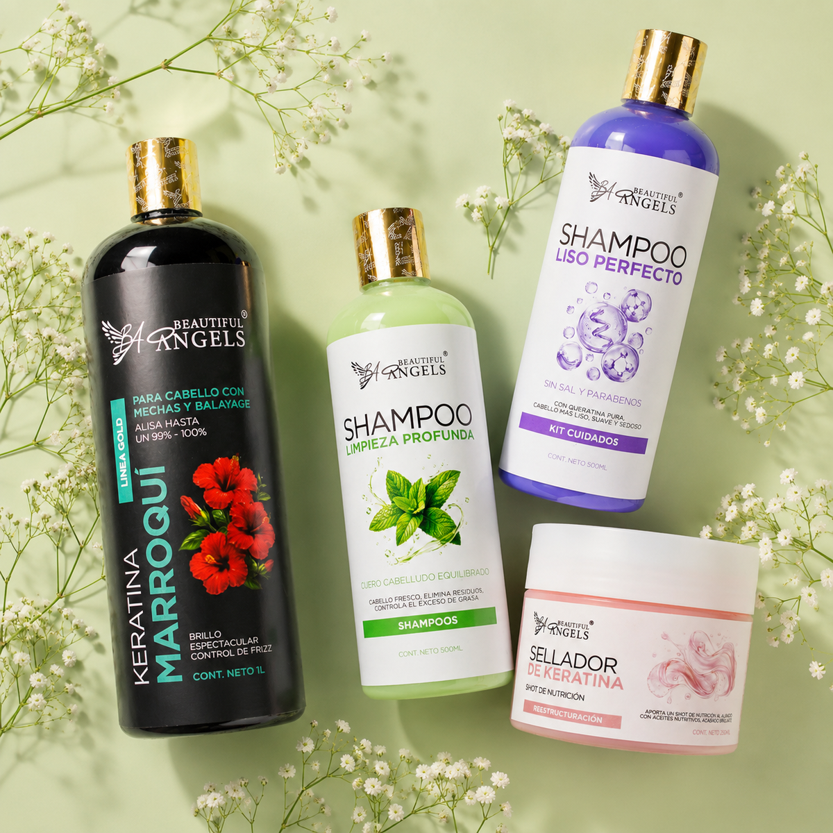 Kit Keratina Marroquí Gold 1 L + Shampoo Limpieza Profunda 500 ML + Sellador de Keratina 250 ML + Shampoo Liso Perfecto 500 ML