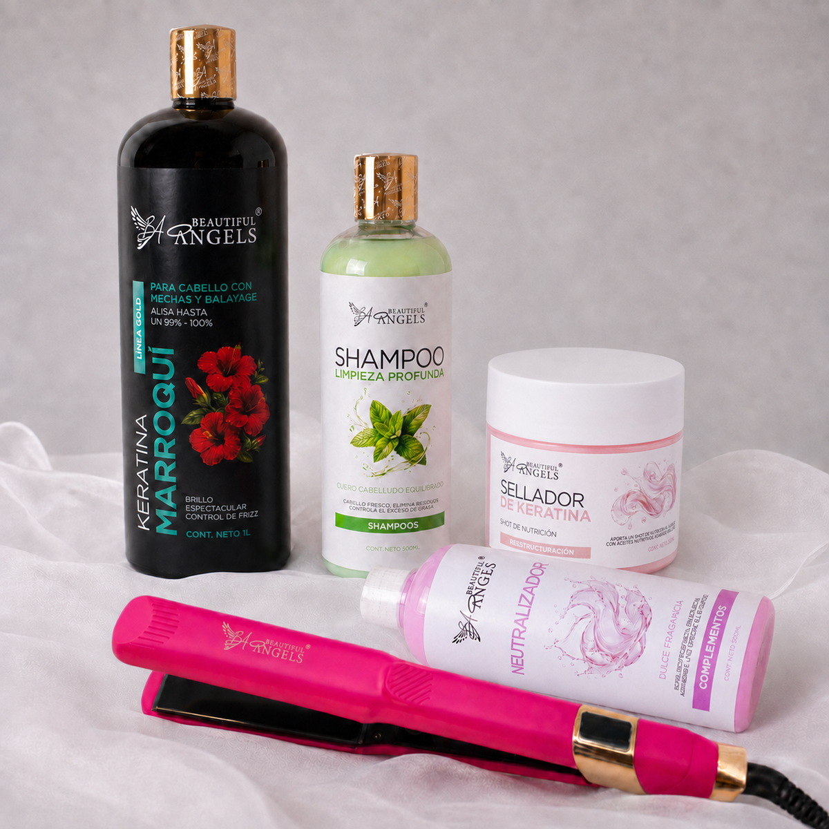 Kit Keratina Marroquí Gold 1L + Shampoo Limpieza Profunda 500ML + Neutralizador 500ML + Sellador de Keratina 250ML + Plancha Profesional Beautiful Angels