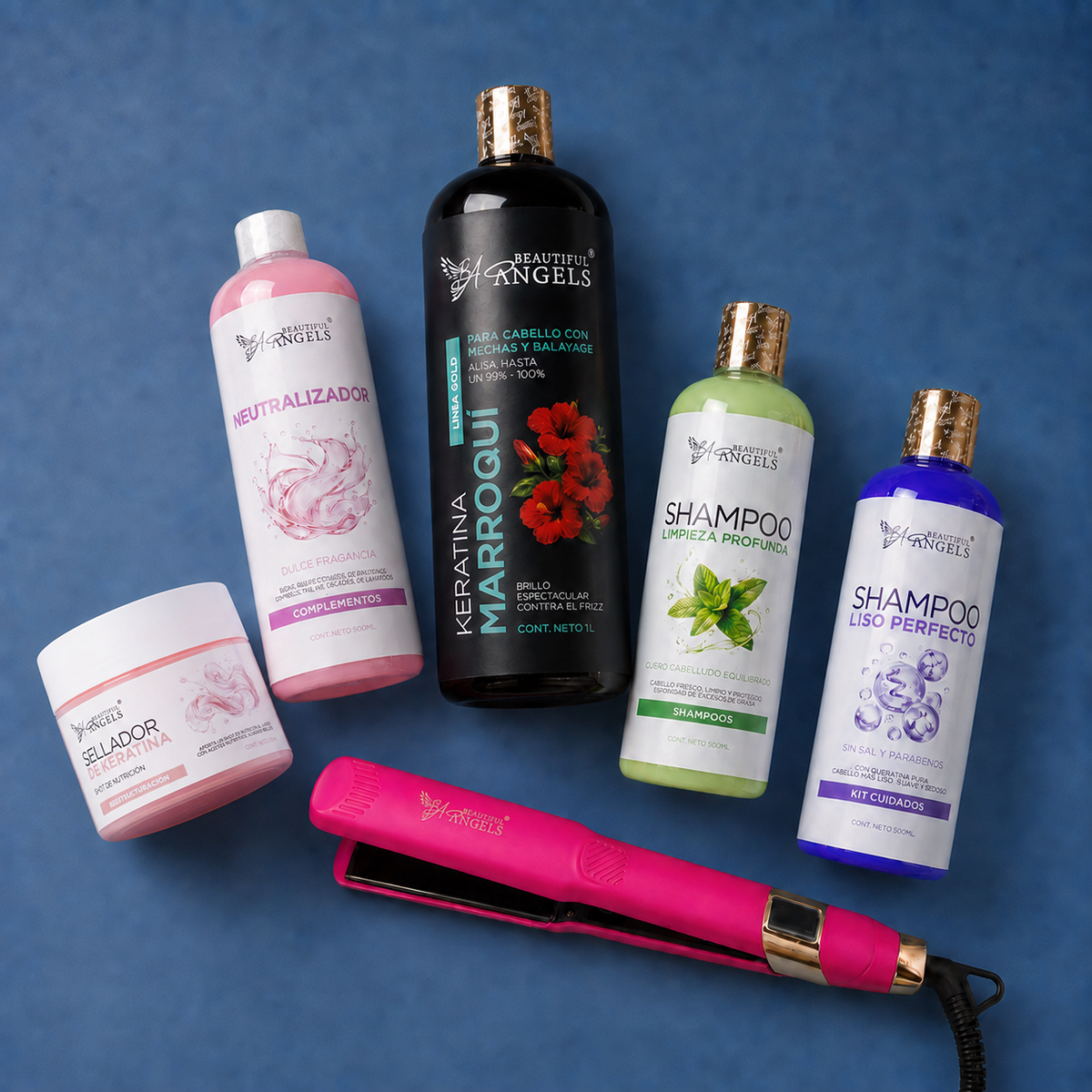 Kit Keratina Marroquí Gold 1L + Shampoo Limpieza Profunda 500ML+ Shampoo Liso Perfecto 500ML+ Neutralizador 500ML+ Sellador de Keratina 250ML + Plancha Profesional Beautiful Angels