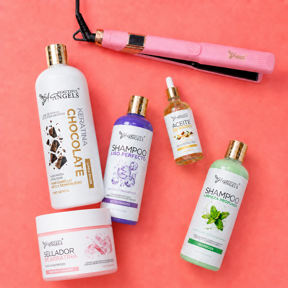 Kit Keratina Chocolate Silver 1L + Shampoo Limpieza Profunda 500ml + Shampoo Liso Perfecto 500ml + Sellador de Keratina 250ml + Aceite de Argán 100ml + Plancha Beautiful Angels