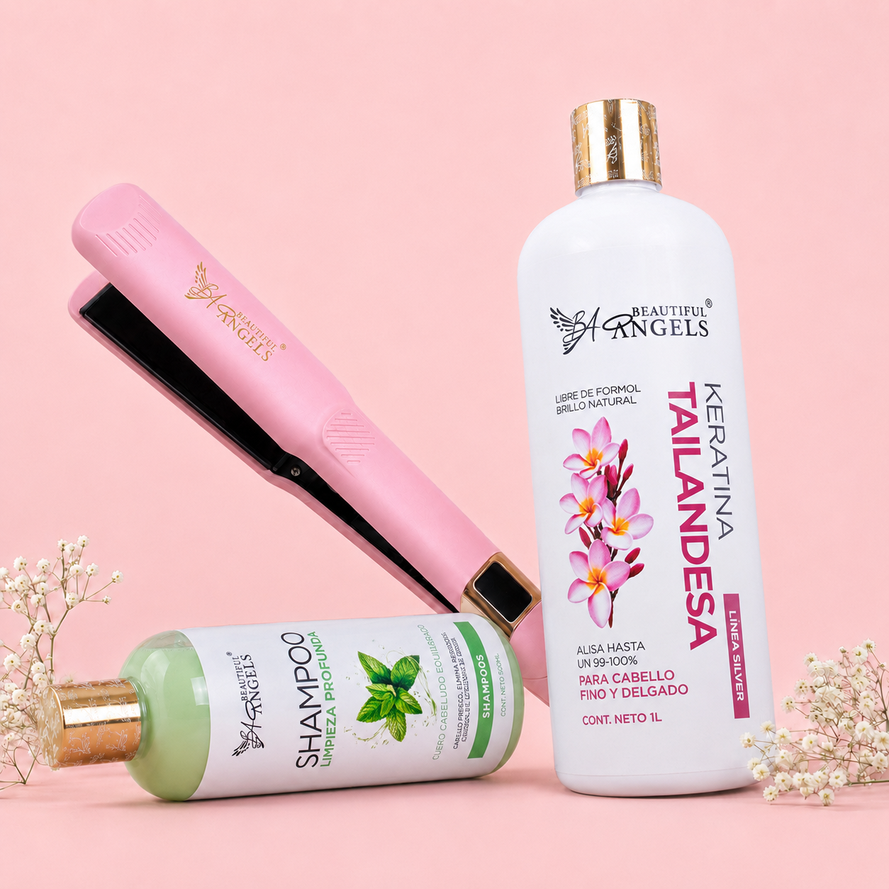 Kit Keratina Tailandesa Silver 1L + Shampoo Limpieza Profunda 500ml + Plancha Beautiful Angels