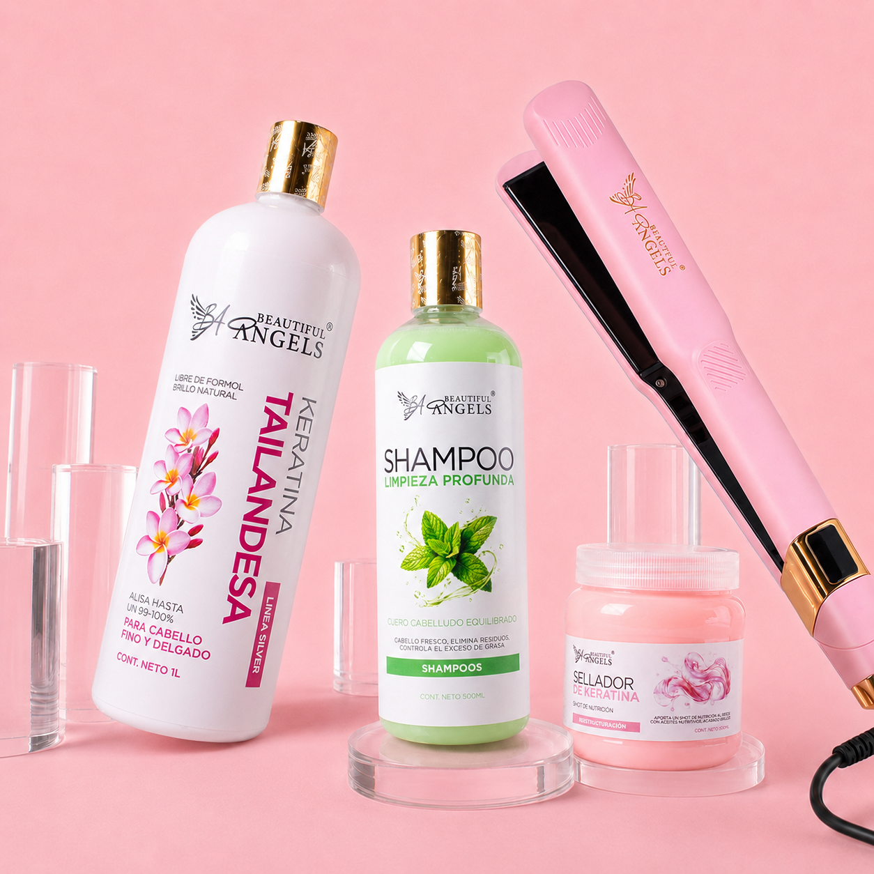 Kit Keratina Tailandesa Silver 1L + Shampoo Limpieza Profunda 500ml + Sellador de Keratina 250ml + Plancha Beautiful Angels