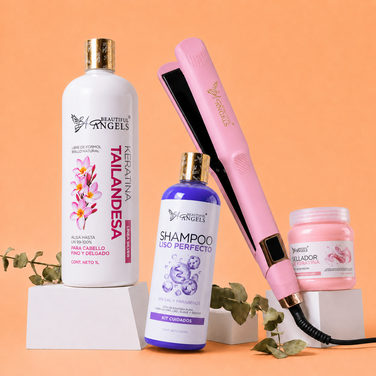 Kit Keratina Tailandesa Silver 1L + Shampoo Liso Perfecto 500ml + Sellador de Keratina 250ml + Plancha Beautiful Angels
