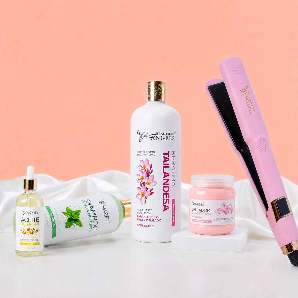 Kit Keratina Tailandesa Silver 1L + Shampoo Limpieza Profunda 500ml + Sellador de Keratina 250ml + Aceite de Argán 100ml + Plancha Beautiful Angels