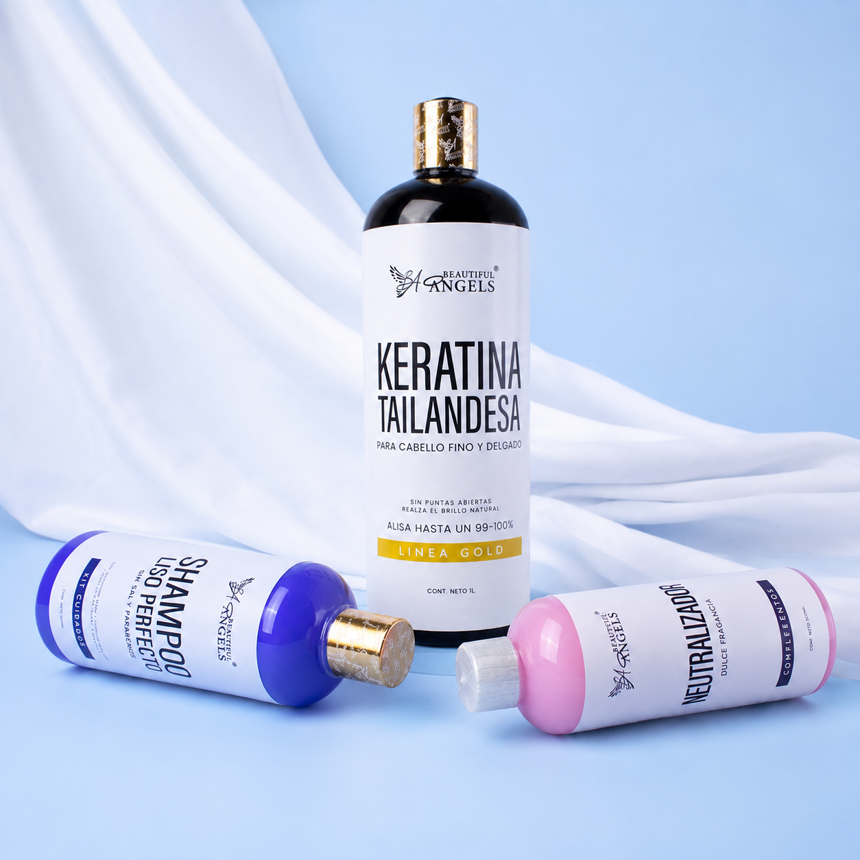 Kit Keratina Tailandesa Gold + Shampoo Liso Perfecto + Neutralizador: Liso ligero, brillo natural y frizz bajo control.