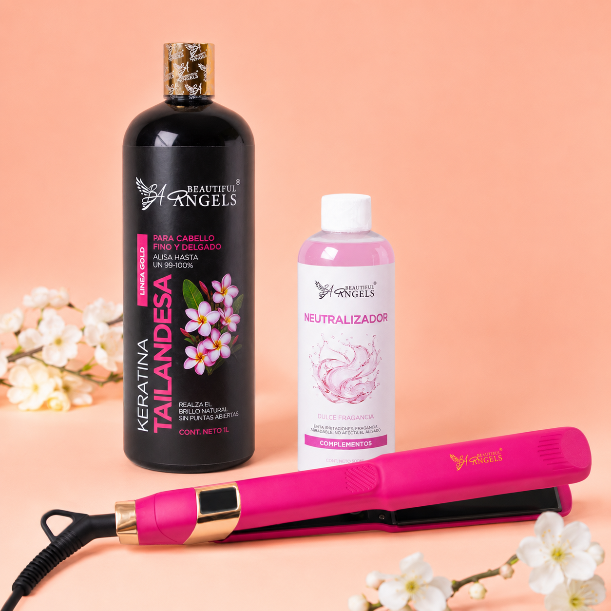 Kit Keratina Tailandesa Gold 1L + Neutralizador 500ml + Plancha Beautiful Angels