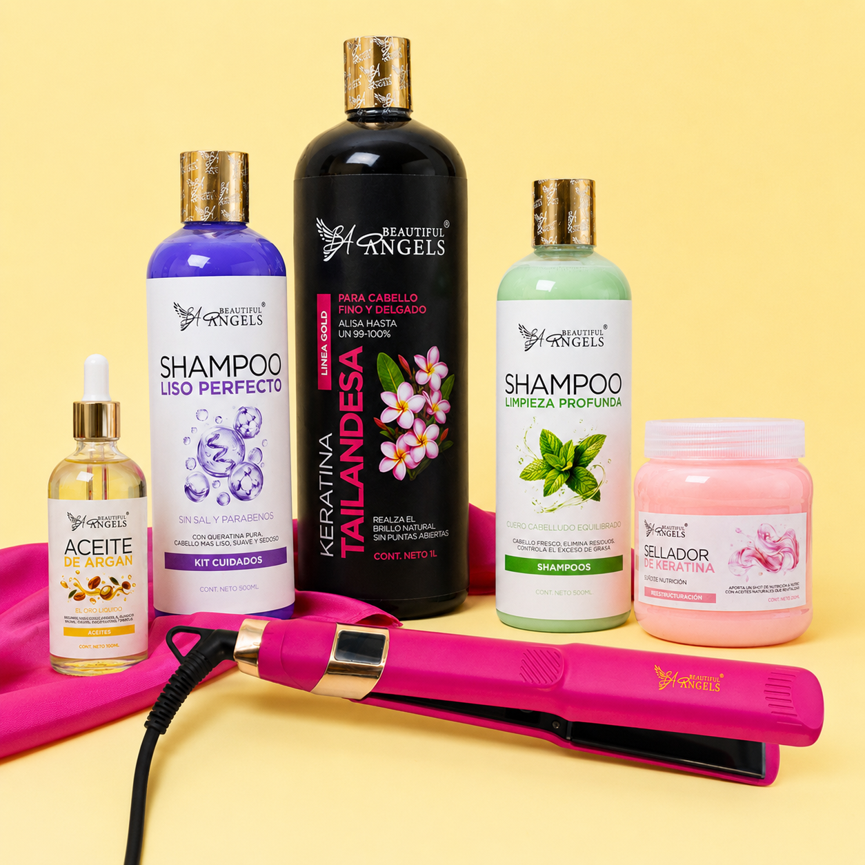 Kit Keratina Tailandesa Gold 1L + Shampoo Limpieza 500ml + Shampoo Liso 500ml + Sellador de Keratina 250ml + Aceite de Argán 100ml + Plancha Beautiful Angels