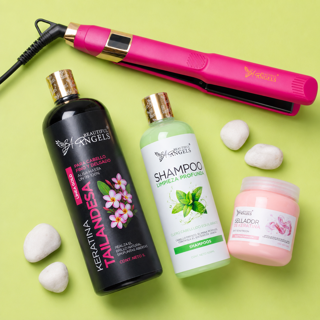 Kit Keratina Tailandesa Gold 1L + Shampoo Limpieza 500ml + Sellador de Keratina 250ml + Plancha Beautiful Angels