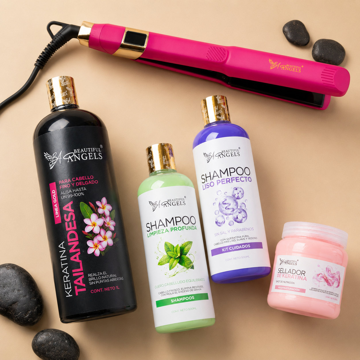 Kit Keratina Tailandesa Gold 1L + Shampoo Limpieza 500ml + Shampoo Liso 500ml + Sellador de Keratina 250ml + Plancha Beautiful Angels