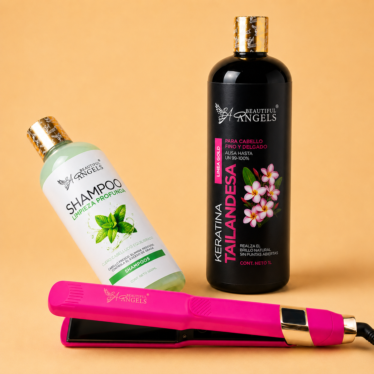 Kit Keratina Tailandesa Gold 1L + Shampoo Limpieza Profunda 500ml + Plancha Beautiful Angels