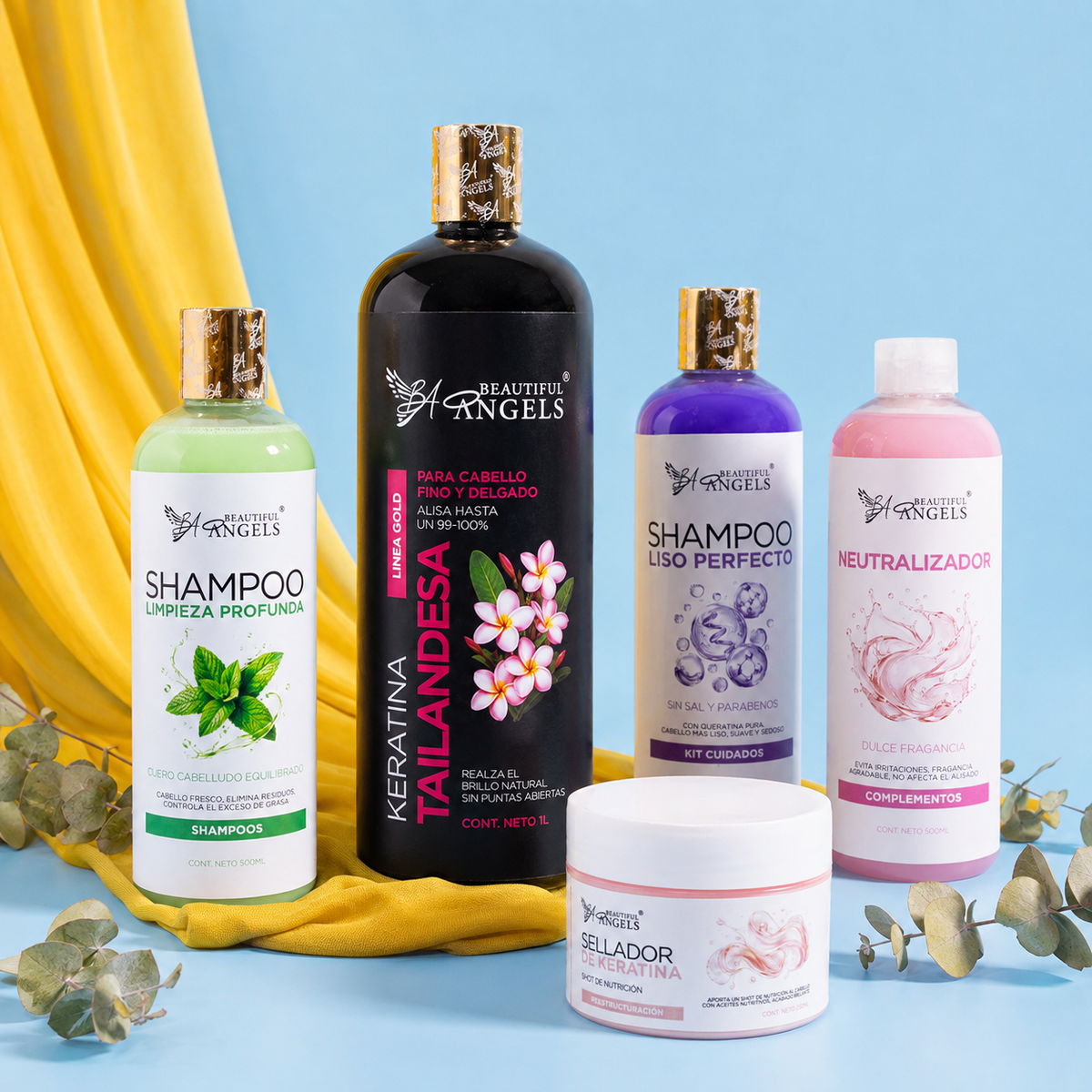 Kit Keratina Tailandesa Gold 1L  + Shampoo Limpieza Profunda 500ML + Shampoo Liso Perfecto 500ML + Neutralizador 500ML + Sellador de Keratina 250ML
