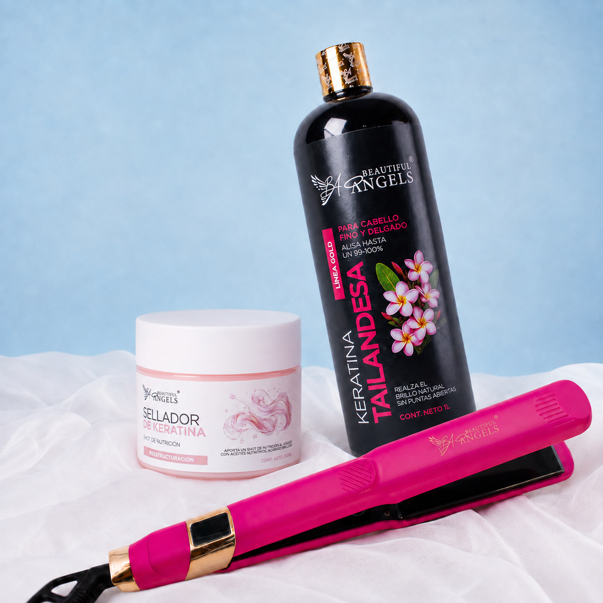 Kit Keratina Tailandesa Gold 1L+ Sellador de Keratina 250ml + Plancha Profesional Beautiful Angels