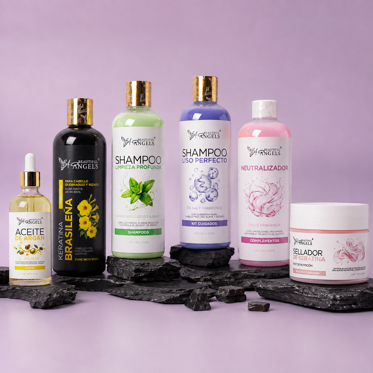 Kit Básico de Keratina Brasileña Gold 500ml Beautiful Angels-para Cabello Quebradizo, Rizado y suave, con acabado duradero
