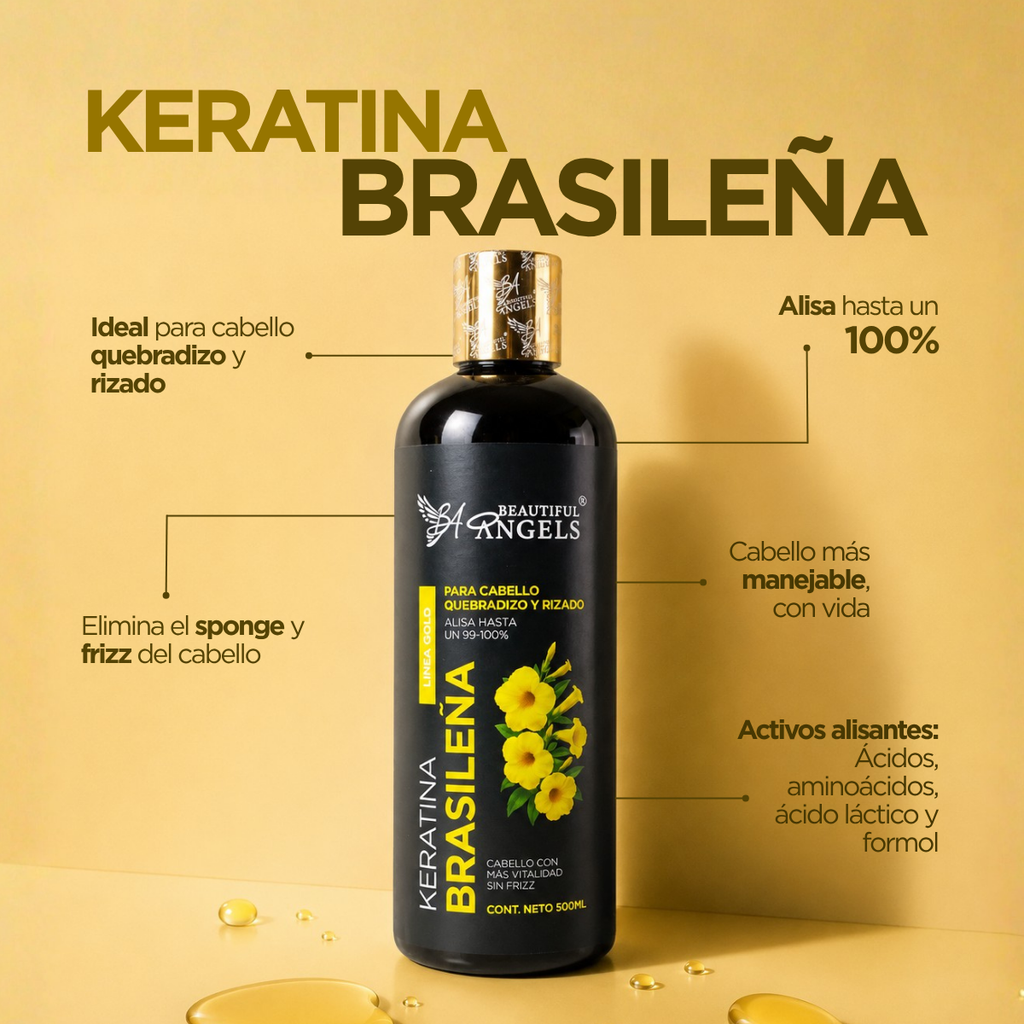 Kit Básico de Keratina Brasileña Gold 500ml Beautiful Angels-para Cabello Quebradizo, Rizado y suave, con acabado duradero