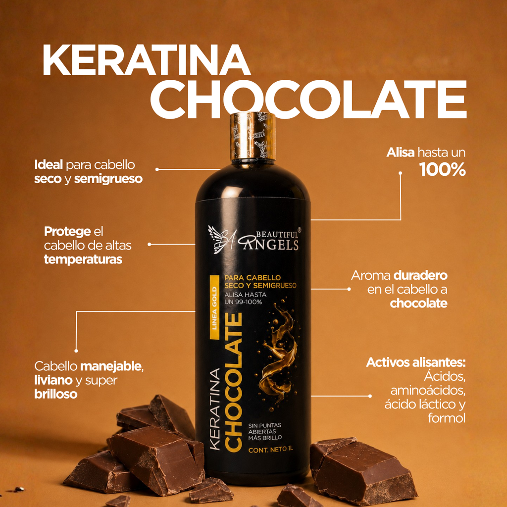 Keratina Chocolate Gold — Beautiful Angels Ideal para cabello seco y semigrueso · Nutre profundamente mientras controla el volumen y el frizz