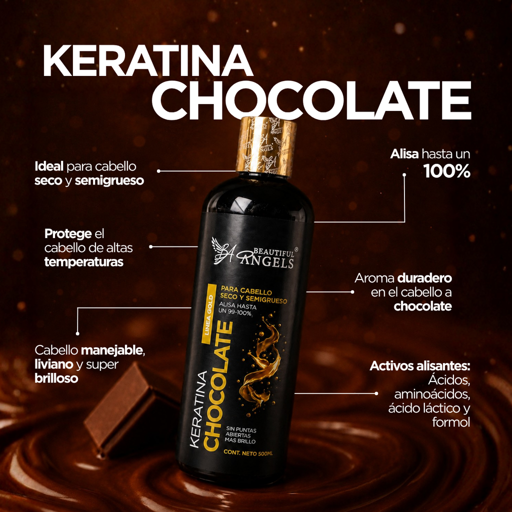 Kit Básico de Keratina Chocolate Gold 500ml – Beautiful Angels para Cabello Seco y Semigrueso, Cierra Puntas Maltratadas, Fortalece Cada Hebra y Deja un Acabado Radiante y Saludable
