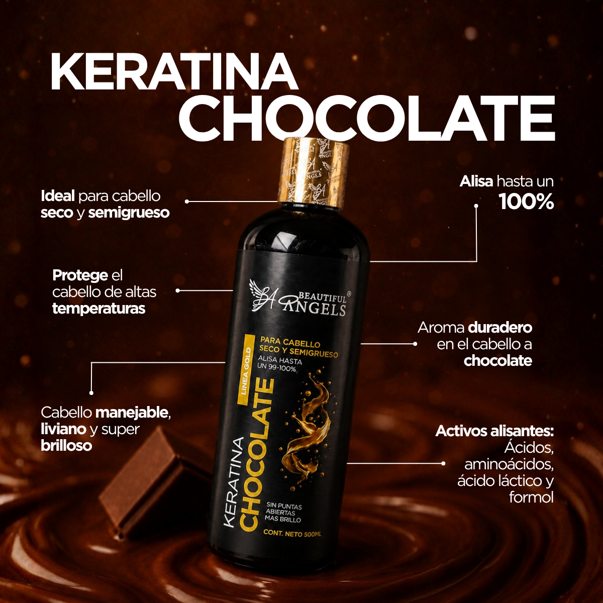 Kit Básico de Keratina Chocolate Gold 500ml – Beautiful Angels para Cabello Seco y Semigrueso, Cierra Puntas Maltratadas, Fortalece Cada Hebra y Deja un Acabado Radiante y Saludable