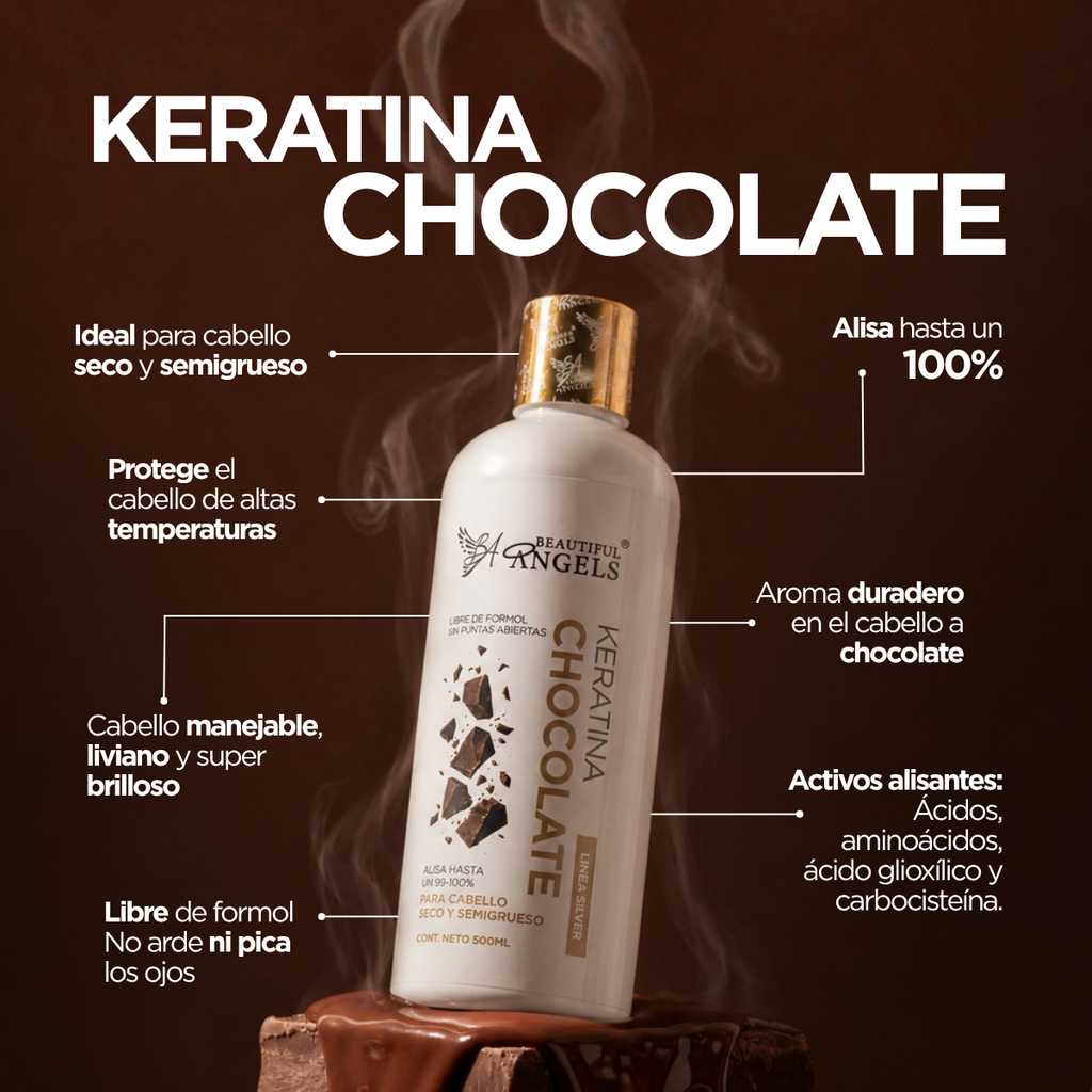 Kit Profesional Keratina Chocolate Silver Beautiful Angels 500ml- Cabello Manejable, Liviano y Super Brilloso, con Aroma a Chocolate