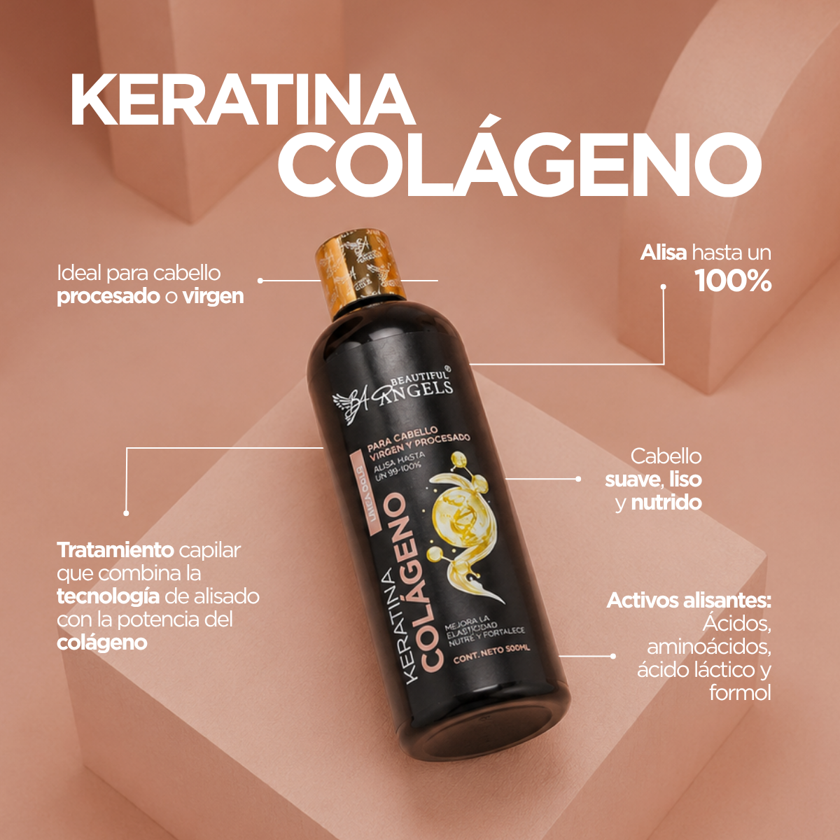 Kit Básico de Keratina Colágeno Gold 500ml– Beautiful Angels, para Cabello Procesado o Virgen, Mejora la Textura, Aumenta la Elasticidad y Resistencia