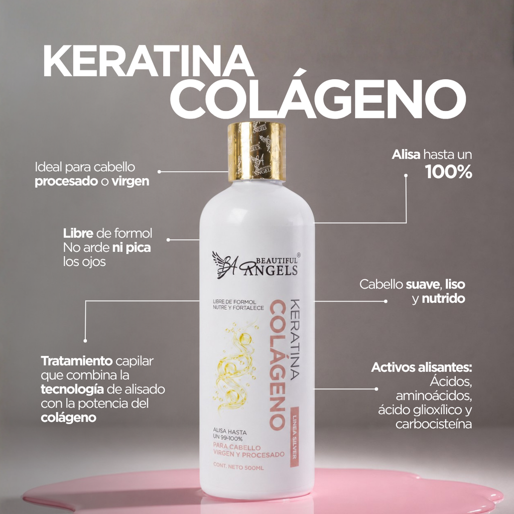 Kit Básico Keratina Colágeno Silver 500 ml – Beautiful Angels – Alisado Ideal para Cabello Procesado o Virgen, Nutrición Profunda con Colágeno que Fortalece y Aumenta la Elasticidad