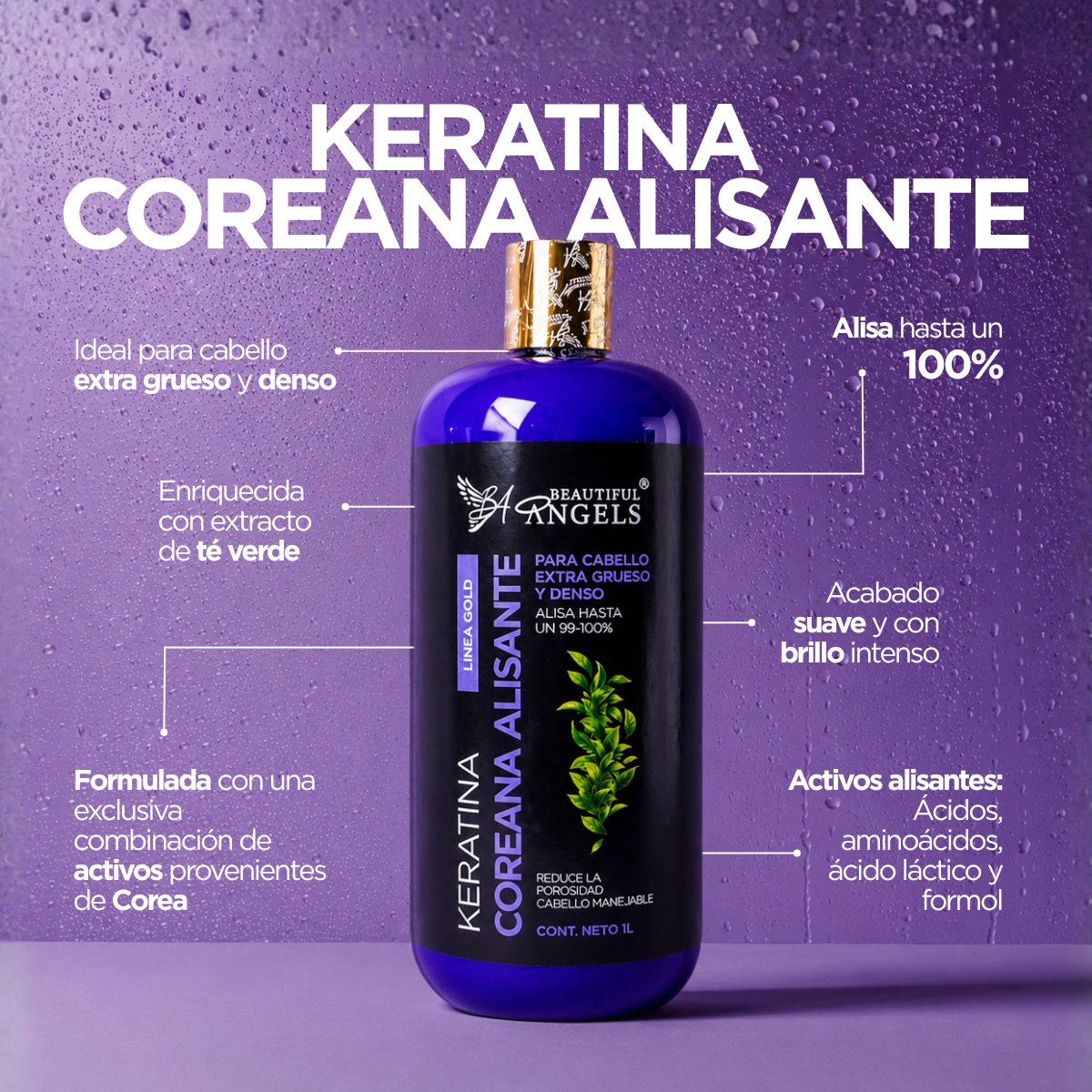 Kit Dúo Profesional Gold Beautiful Angels 1L: Keratina Colágeno Procesado y Virgen + Keratina Coreana Extra Grueso y Denso — Alisado que Nutre, Protege, Aporta Brillo Intenso Para un Cabello Suave y Sedoso