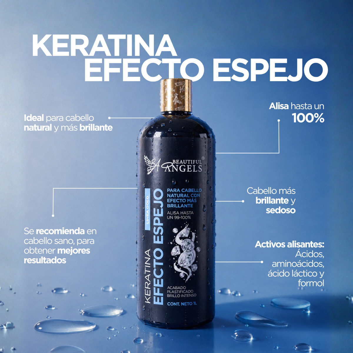 Kit Básico Keratina Efecto Espejo Gold Beautiful Angels Acabado Plastificado y Brillo