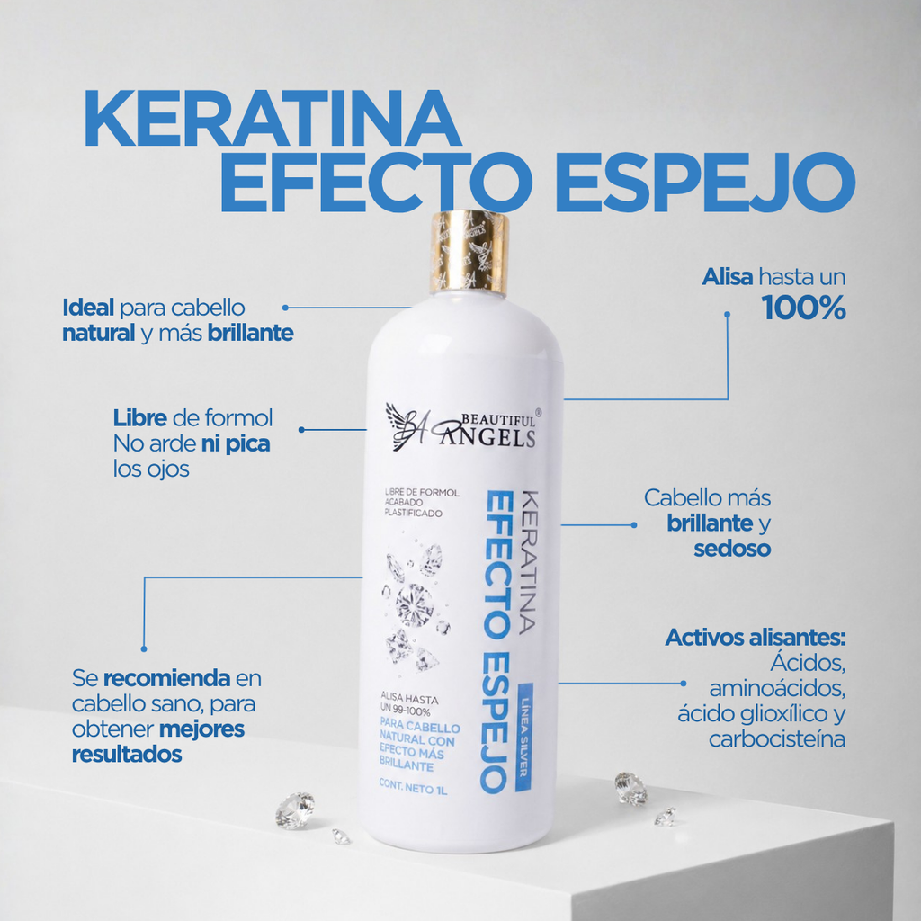 Kit Basico Keratina Efecto Espejo Silver de Beautiful Angels Alisado perfecto con acabado espejo · Ideal para cabello natural y saludable
