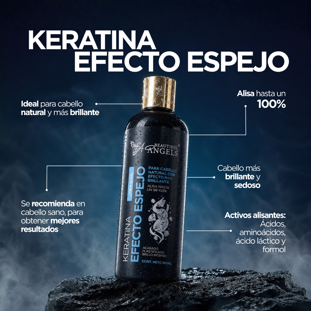 Kit Básico Keratina Efecto Espejo Gold 500ml- Beautiful Angels, Acabado Liso, Brillante con Cabello Suave, Controlado, Natural y Duradero, Manejable, con Sellado de Puntas