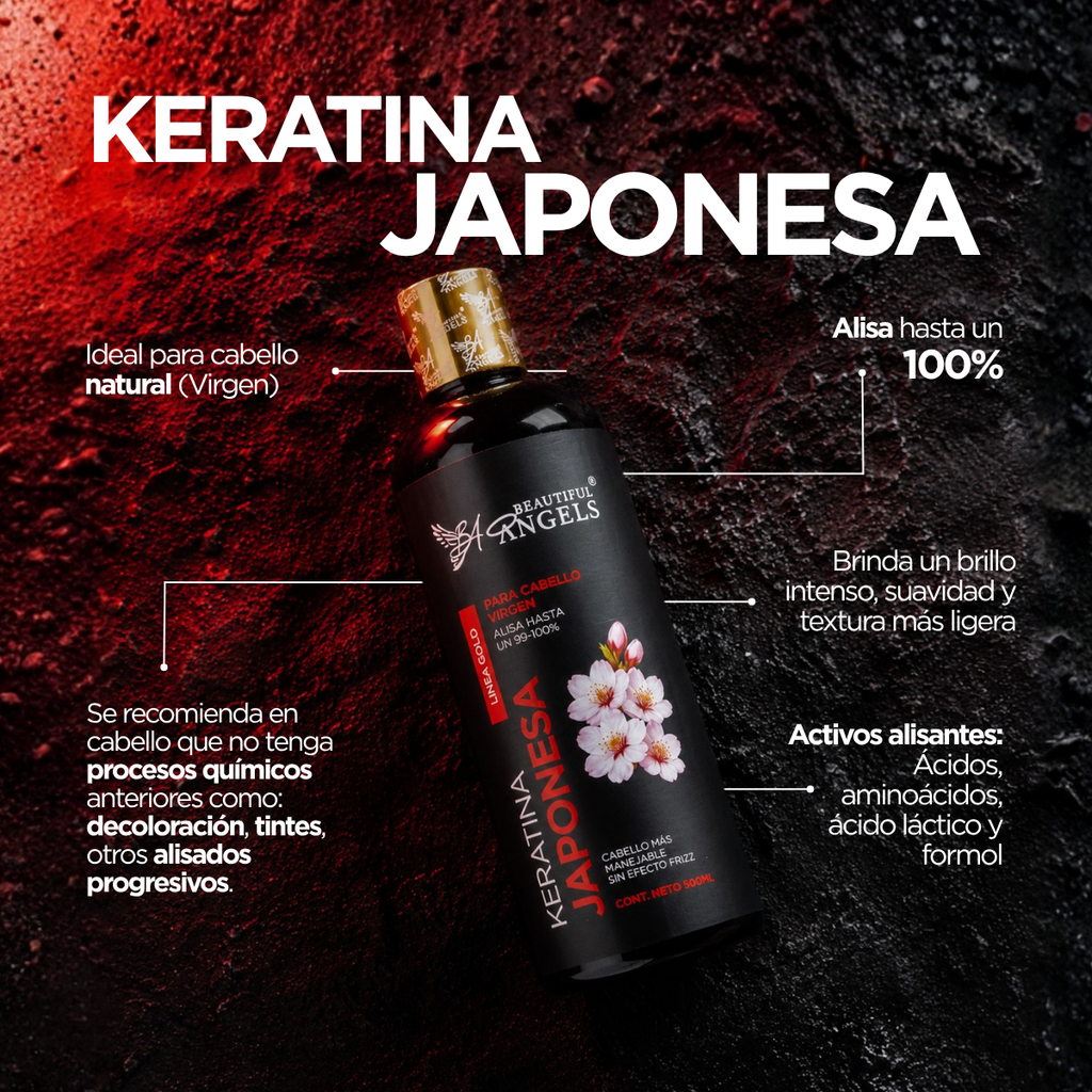 Kit Profesional Keratina Japonesa Gold 500ml Beautiful Angels, Liso Natural, Sedoso y Manejable para Cabello Virgen