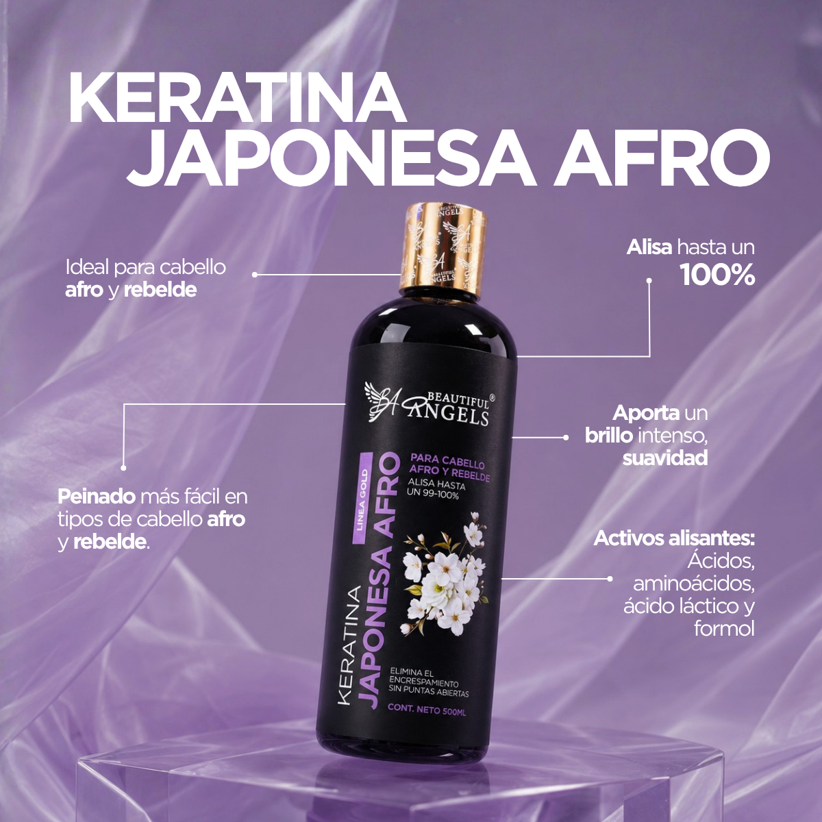 Kit Profesional Keratina Japonesa Afro Gold Beautiful Angels 500ml — Flexibiliza la Hebra desde el Núcleo, Brillo Intenso y Resistencia