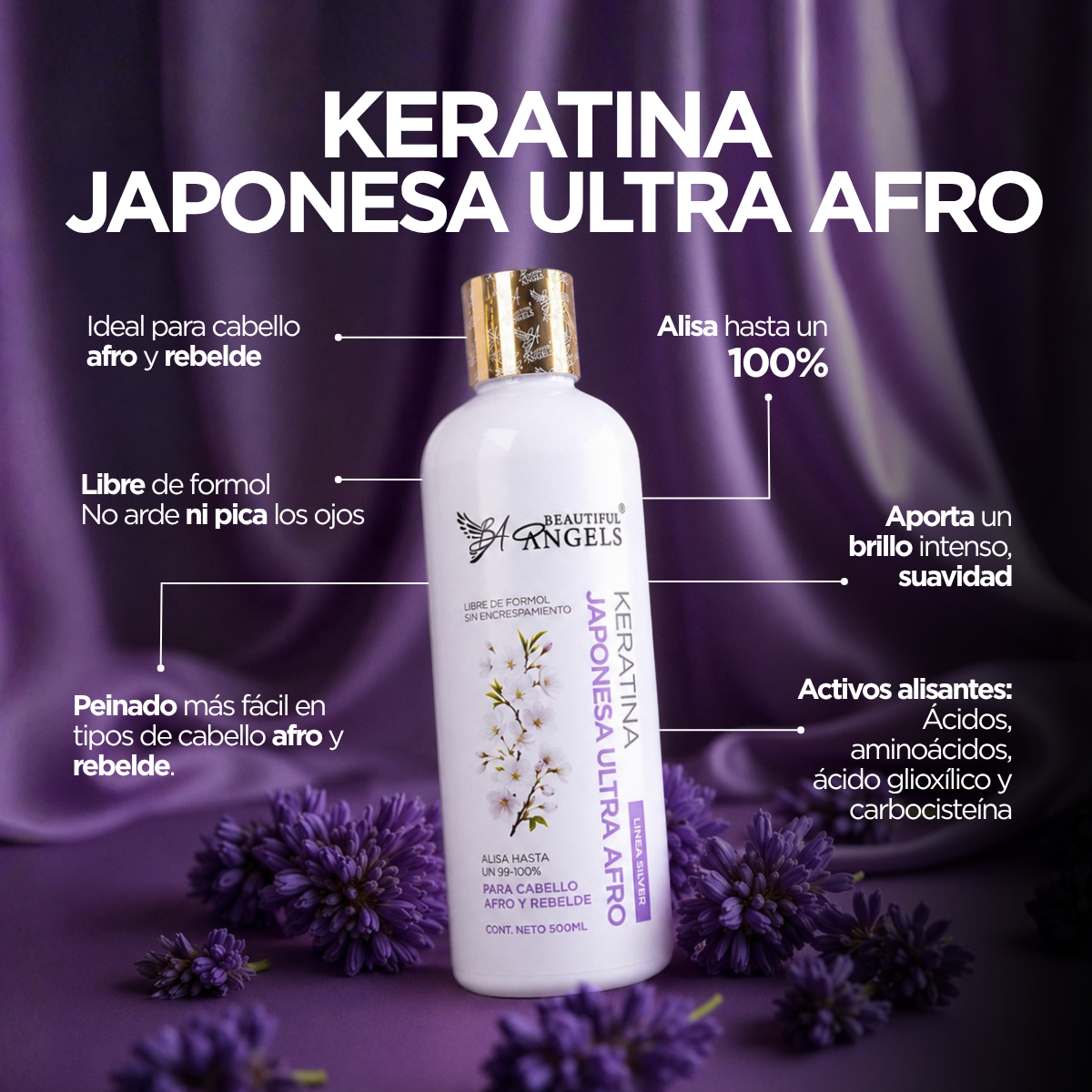 Kit Básico Keratina Japonesa Ultra Afro Silver Beautiful Angels 500ml | Cabello Liso, Sedoso y Manejable | Ideal para Cabello Afro, Crespo y Rebelde | Brillo Intenso y Resultados Duraderos