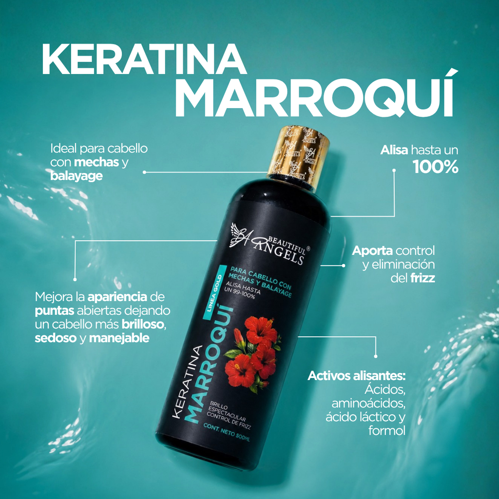 Kit Básico de Keratina Marroquí Gold 500ml, Beautiful Angels, para Cabello con Mechas y Balayage, Cabello Sedoso, Suave y Manejable, con Liso Natural y con Movimiento