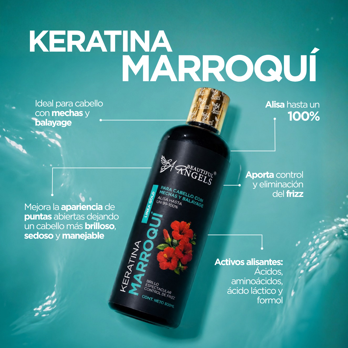 Kit Básico de Keratina Marroquí Gold 500ml, Beautiful Angels, para Cabello con Mechas y Balayage, Cabello Sedoso, Suave y Manejable, con Liso Natural y con Movimiento